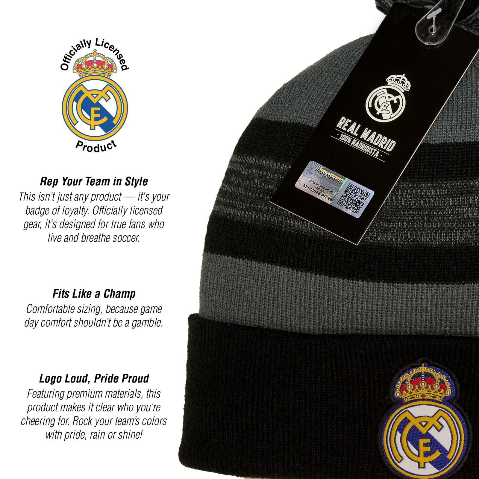 2024 Compatible with Real Madrid Official Grey with Black Line Pattern Beanie
