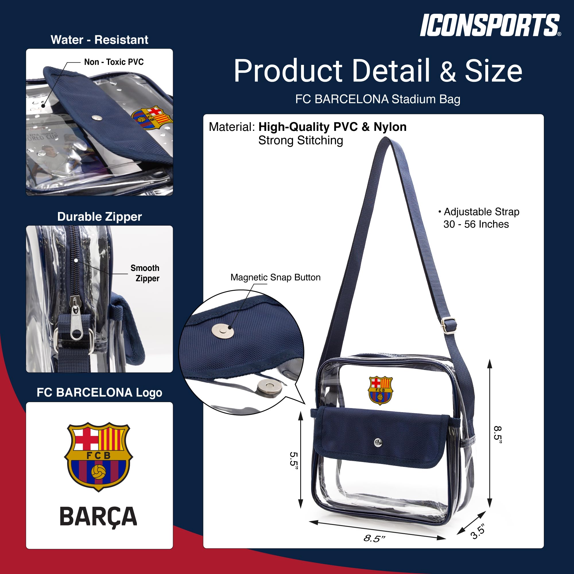 Icon Sports Officially Licensed Stadium-Approved Clear Crossbody Bag with Zipper and Side Pocket