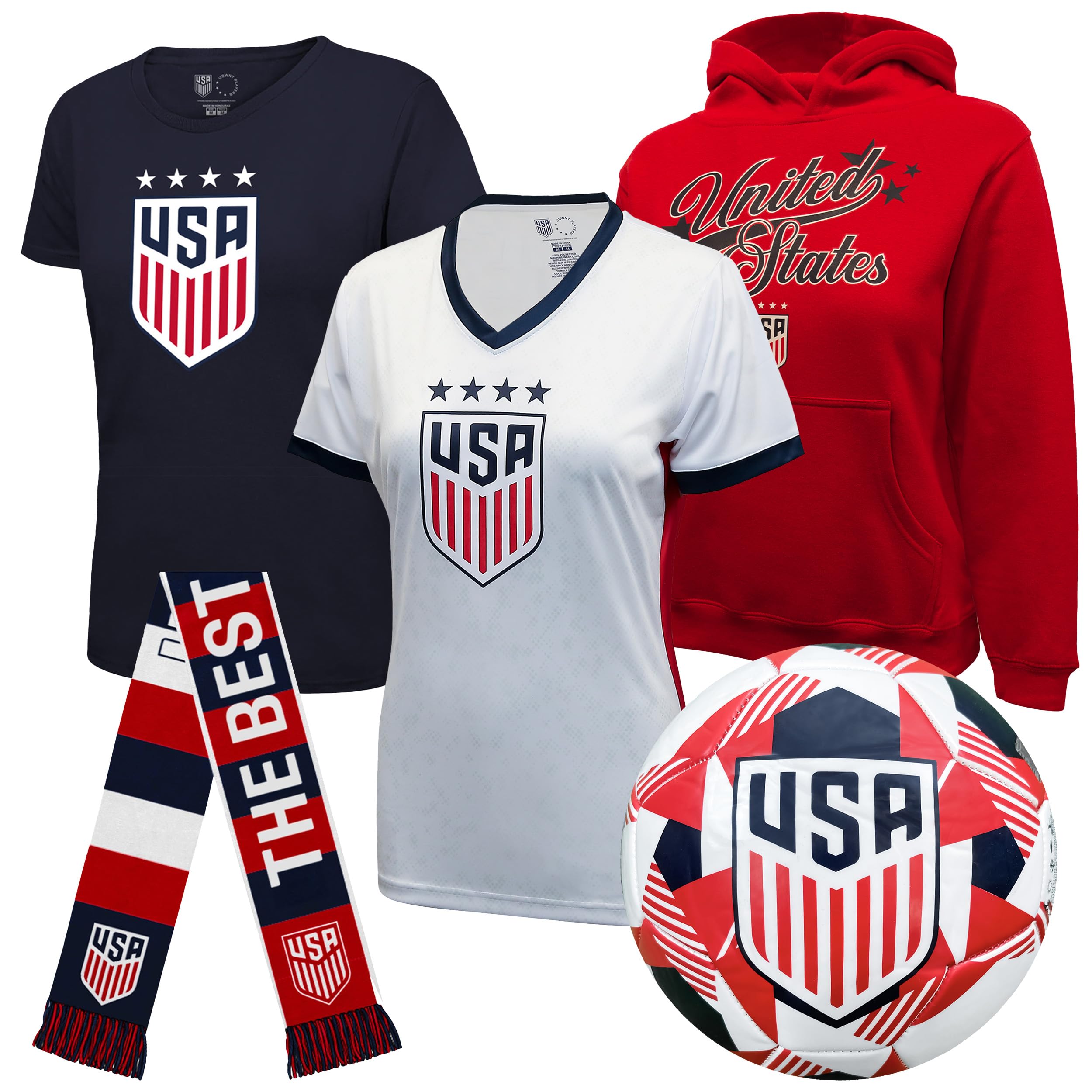 Icon Sports Officially Licensed U.S. Soccer Ultimate Fan Pack, Youth Girl, 5-Pc Soccer Set, Jacket, T-Shirts, Scarf & Ball
