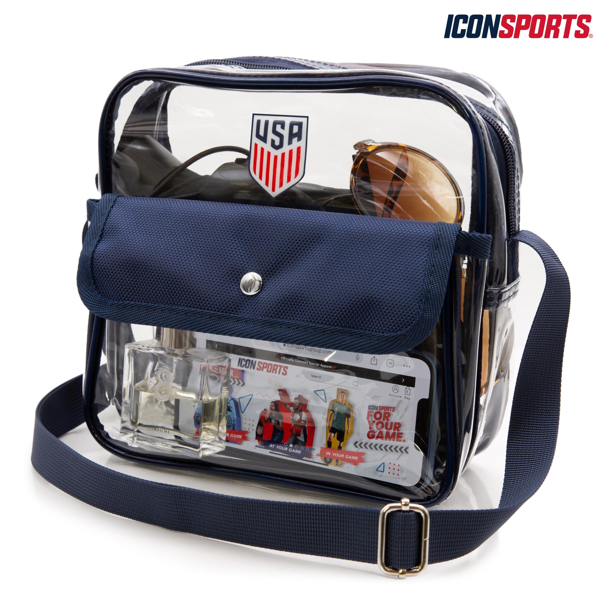 Icon Sports Official licensed U.S. Soccer Stadium Approved Clear Crossbody Bag with Zipper and Side Pocket