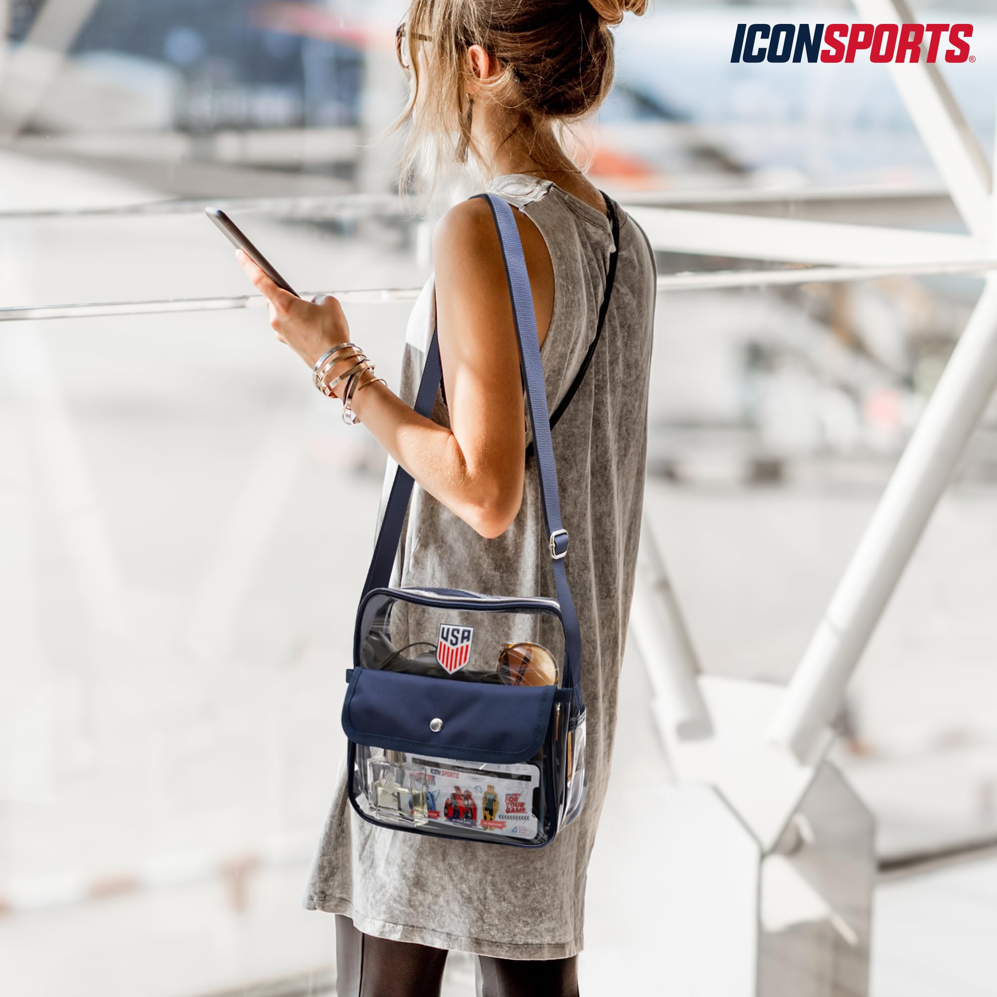 Icon Sports Official licensed U.S. Soccer Stadium Approved Clear Crossbody Bag with Zipper and Side Pocket