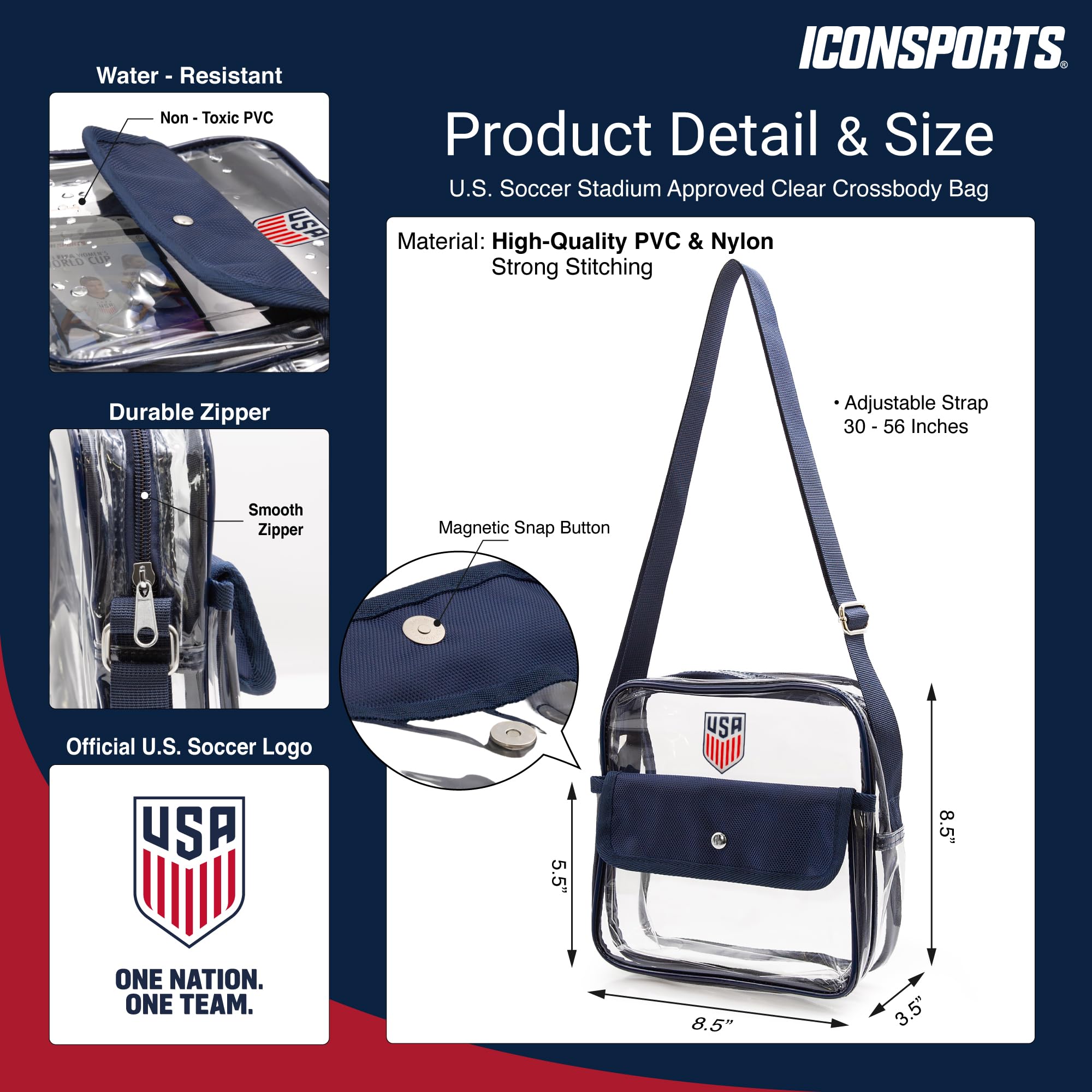 Icon Sports Official licensed U.S. Soccer Stadium Approved Clear Crossbody Bag with Zipper and Side Pocket