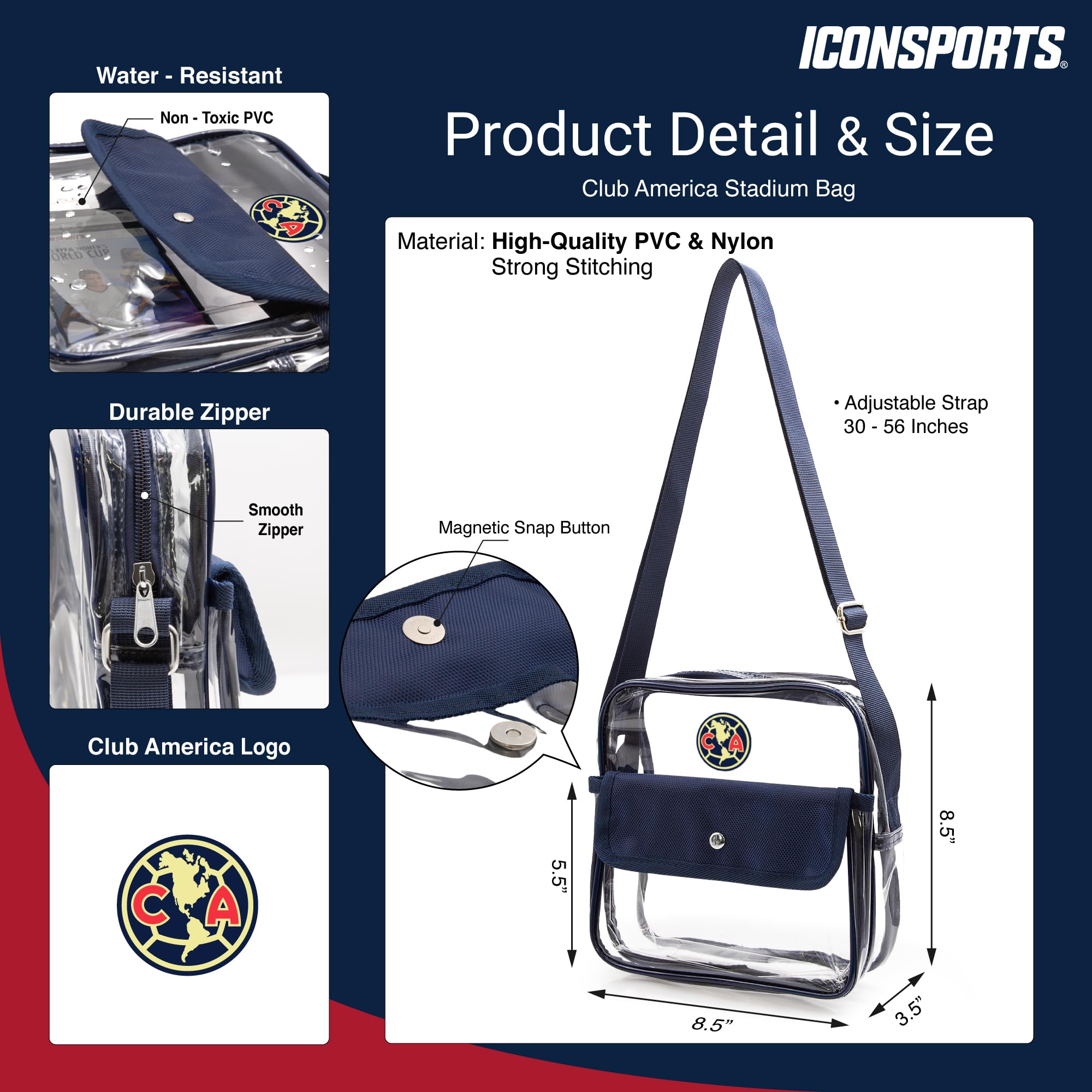 Icon Sports Officially Licensed Stadium-Approved Clear Crossbody Bag with Zipper and Side Pocket