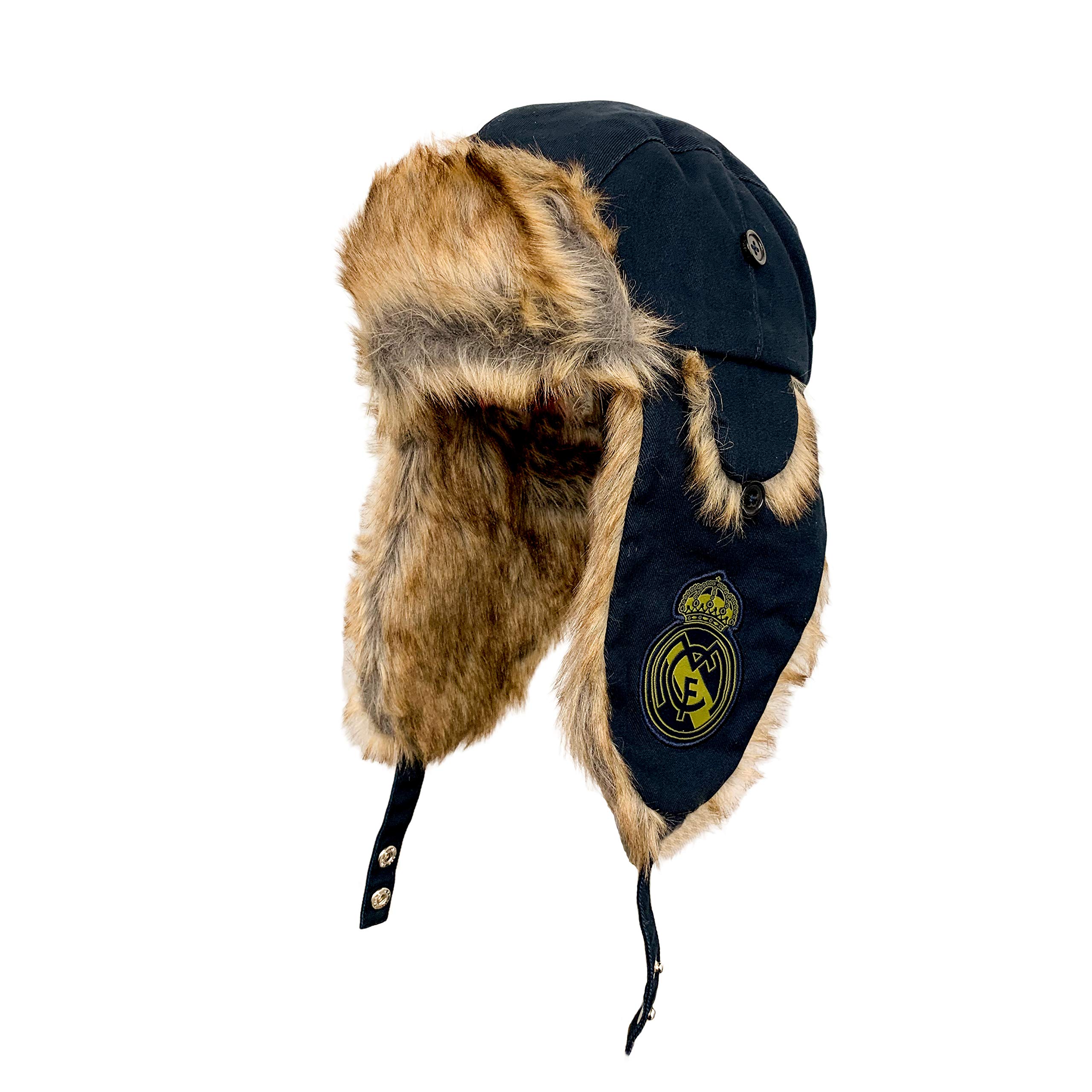 Real Madrid Trapper Hat, Licensed Real M. Faux Fur & Ear Flaps, Snow Hat for Hunting, Skiing & Cold Weather Activities