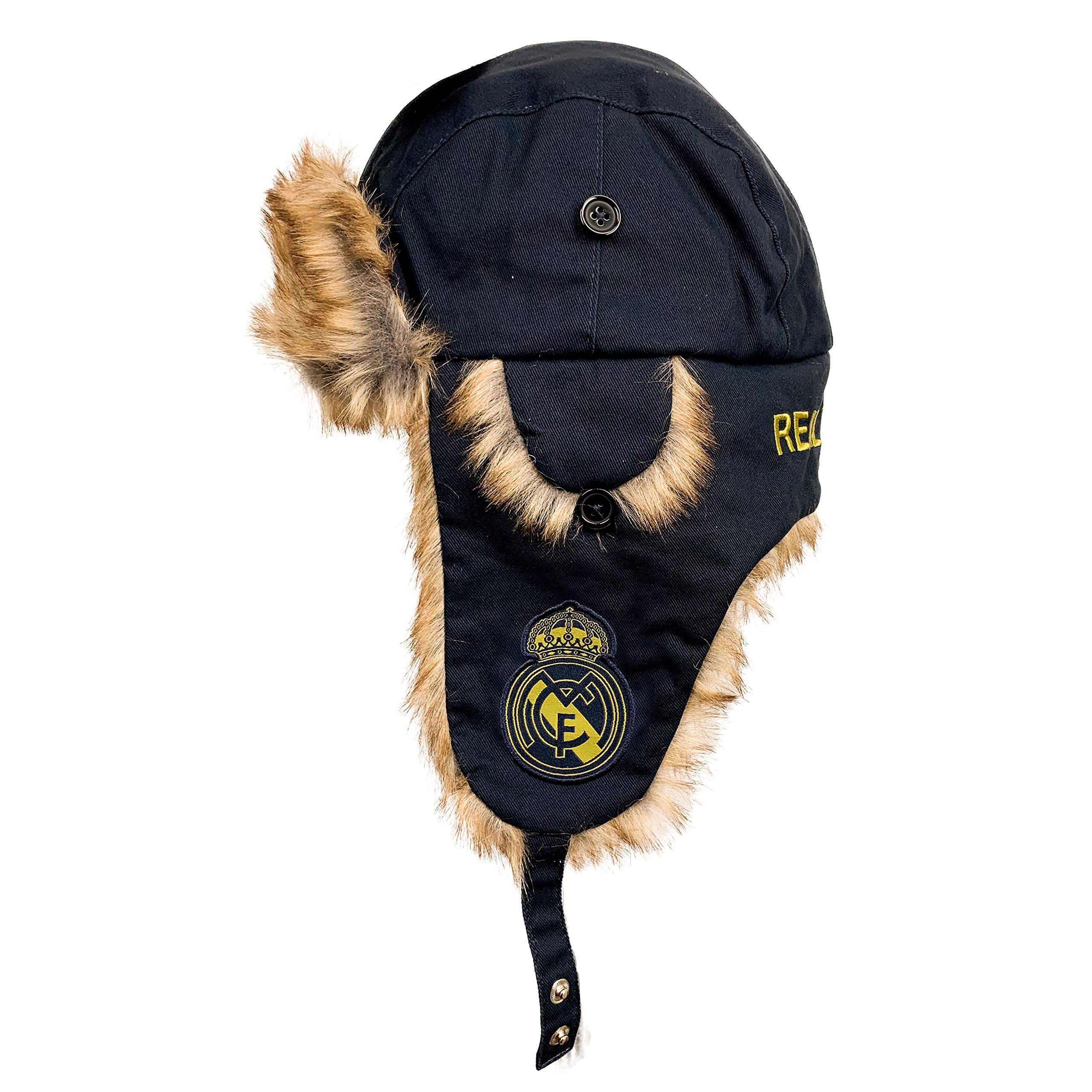 Real Madrid Trapper Hat, Licensed Real M. Faux Fur & Ear Flaps, Snow Hat for Hunting, Skiing & Cold Weather Activities