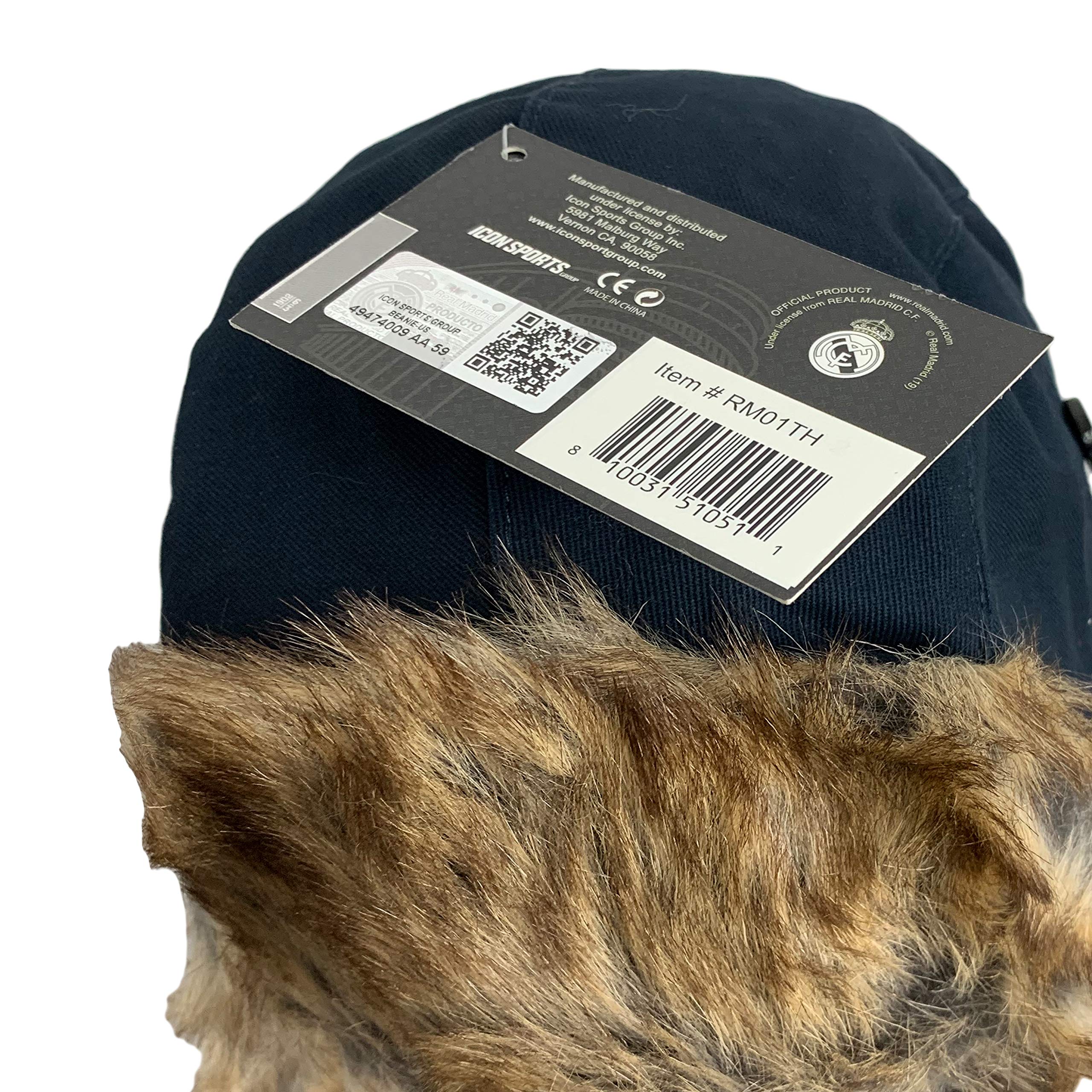 Real Madrid Trapper Hat, Licensed Real M. Faux Fur & Ear Flaps, Snow Hat for Hunting, Skiing & Cold Weather Activities
